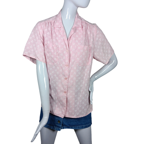 Vintage Graffsport Button Down Blouse Size Medium Pink Ditsy Floral Print Collar - Picture 2 of 7